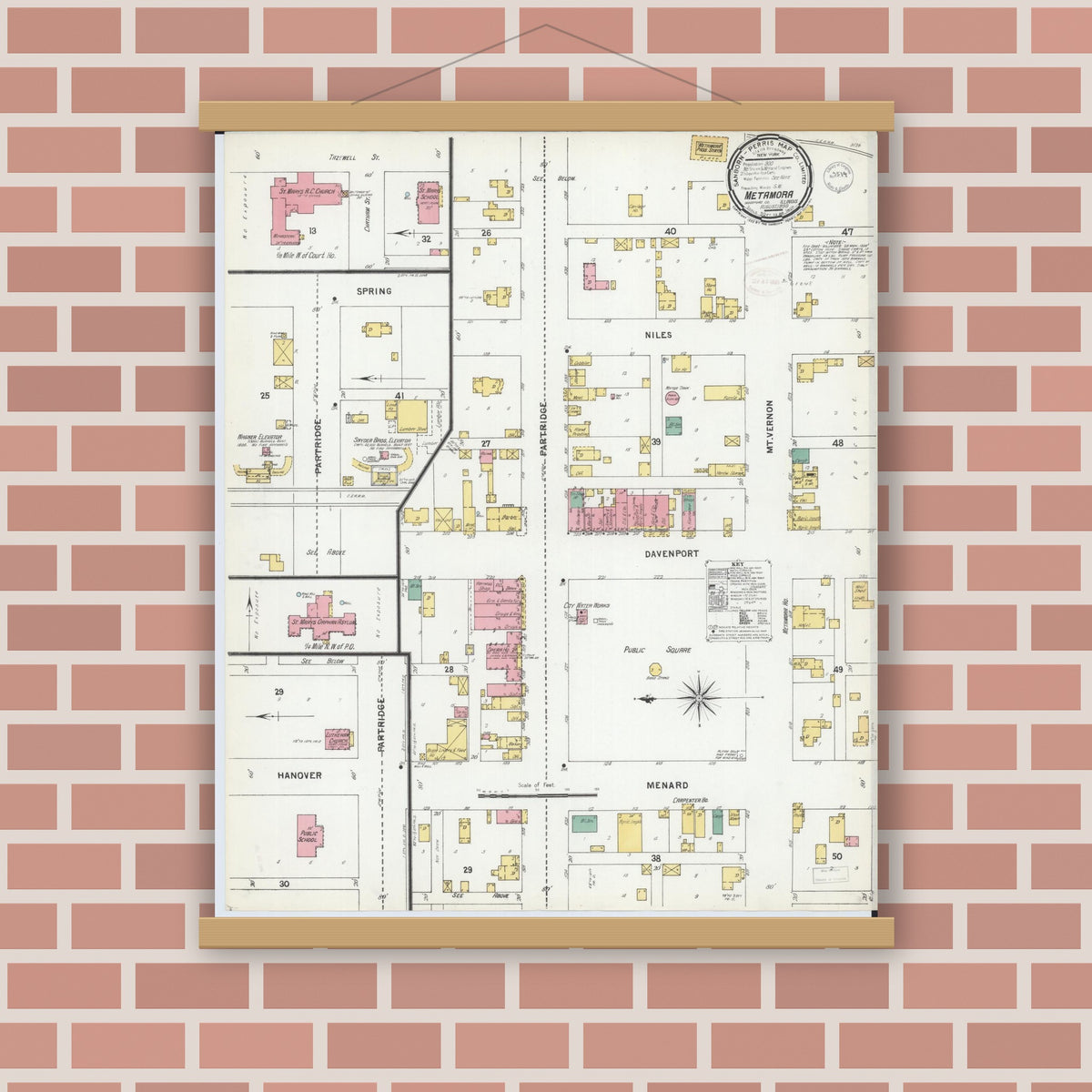 Old map wall art mockup — magnetic wood frame on brick wall — Sanborn Fire Insurance Map from Metamora, Woodford County, Illinois (1899), Sheet #0001