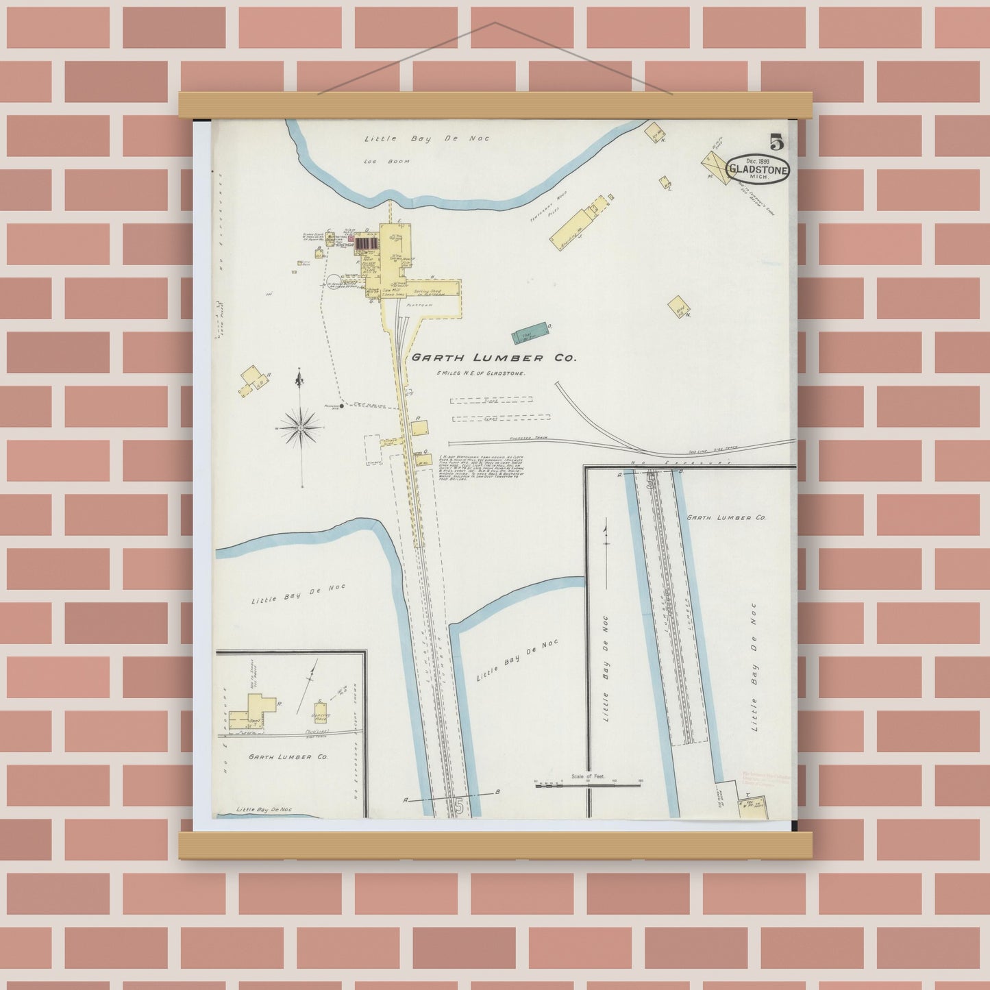 Old map wall art mockup — magnetic wood frame on brick wall — Sanborn Fire Insurance Map from Gladstone, Delta County, Michigan (1893), Sheet #0005