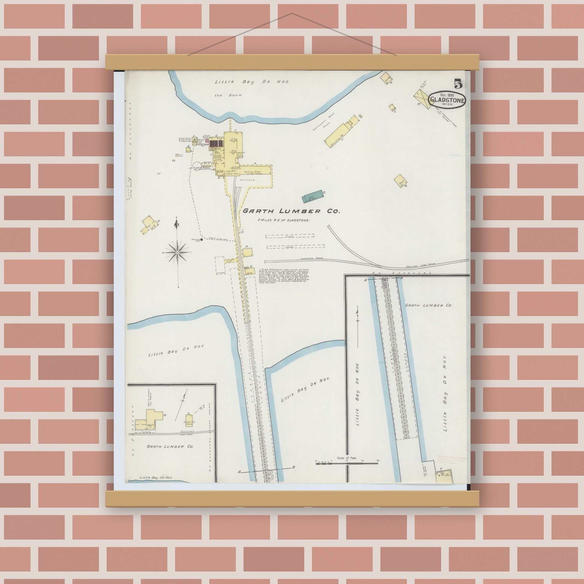 Old map wall art mockup — magnetic wood frame on brick wall — Sanborn Fire Insurance Map from Gladstone, Delta County, Michigan (1893), Sheet #0005