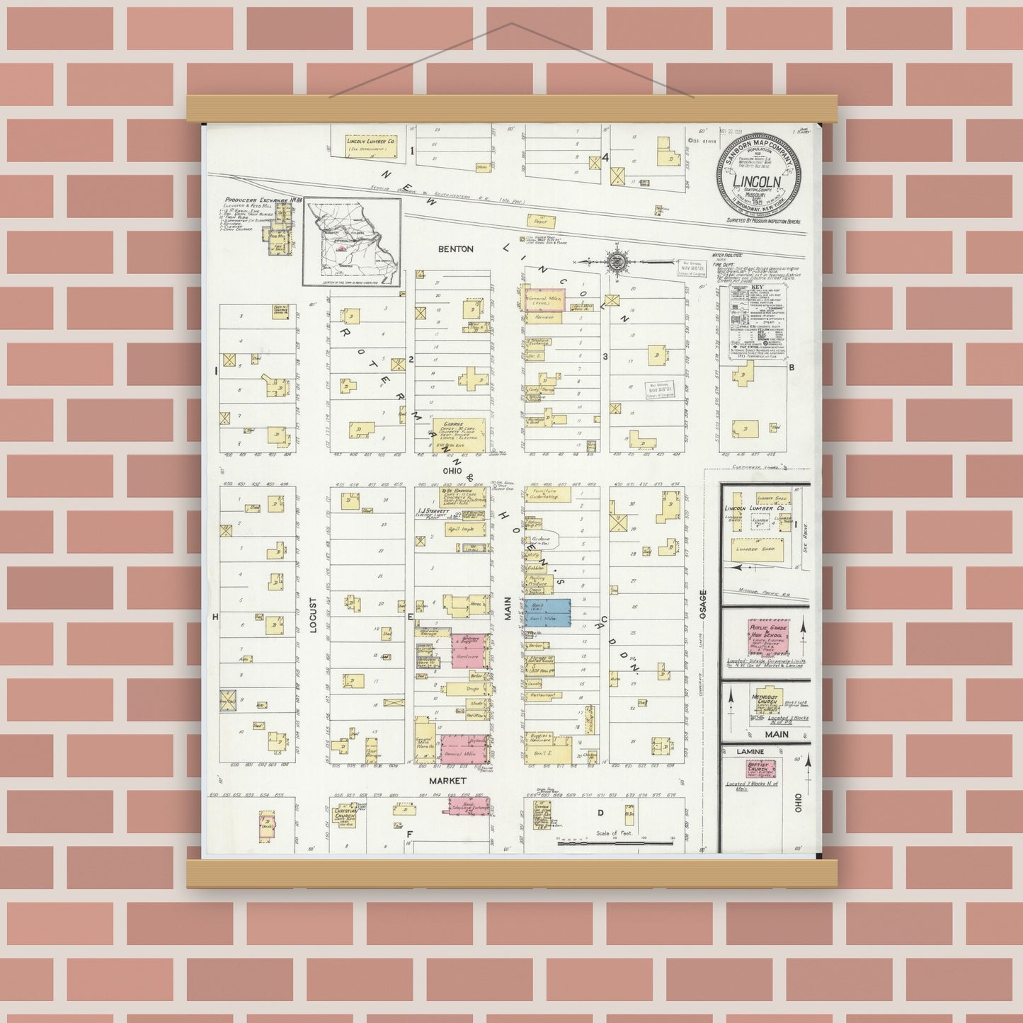 Old map wall art mockup — magnetic wood frame on brick wall — Sanborn Fire Insurance Map from Lincoln, Benton County, Missouri (1921), Sheet #0001