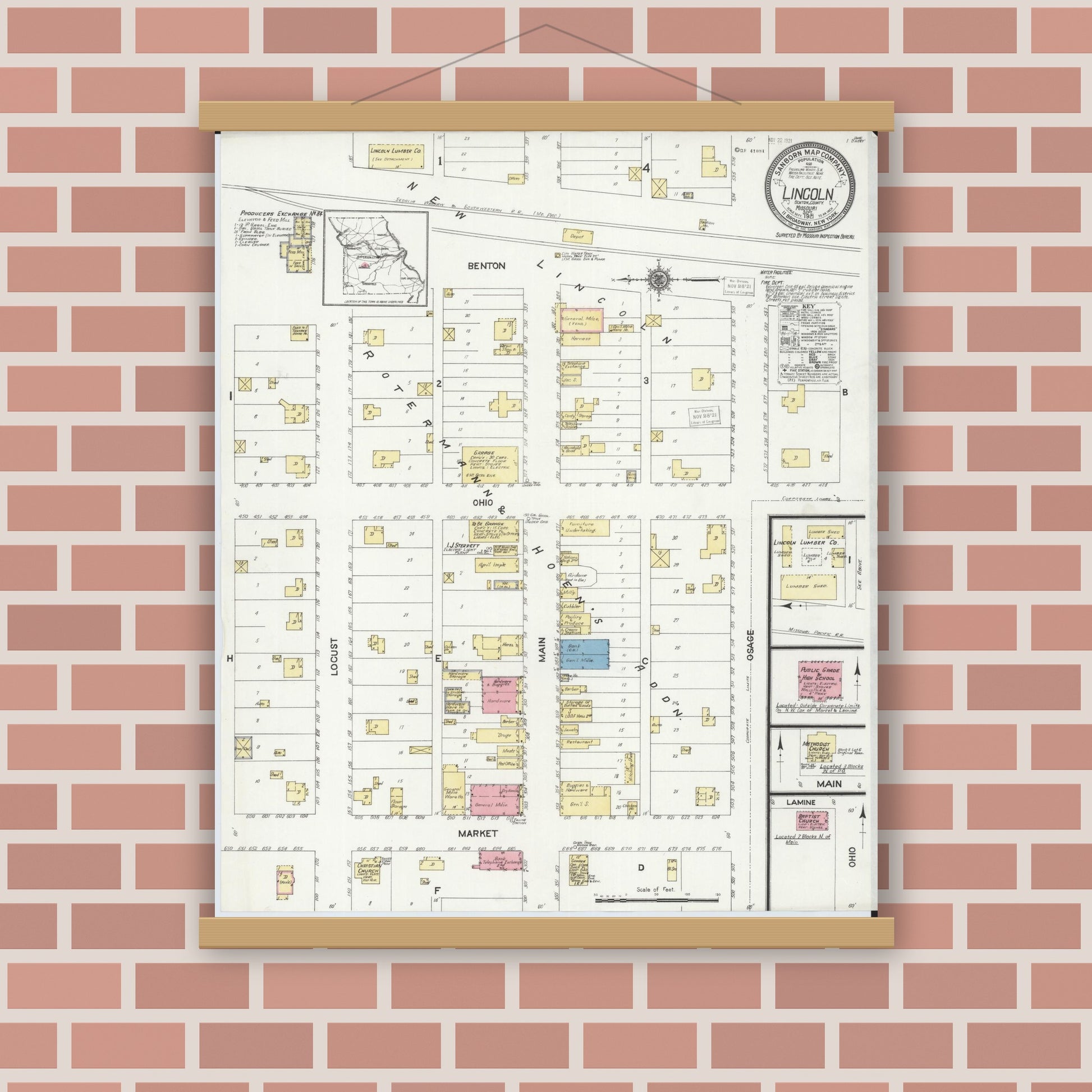 Old map wall art mockup — magnetic wood frame on brick wall — Sanborn Fire Insurance Map from Lincoln, Benton County, Missouri (1921), Sheet #0001
