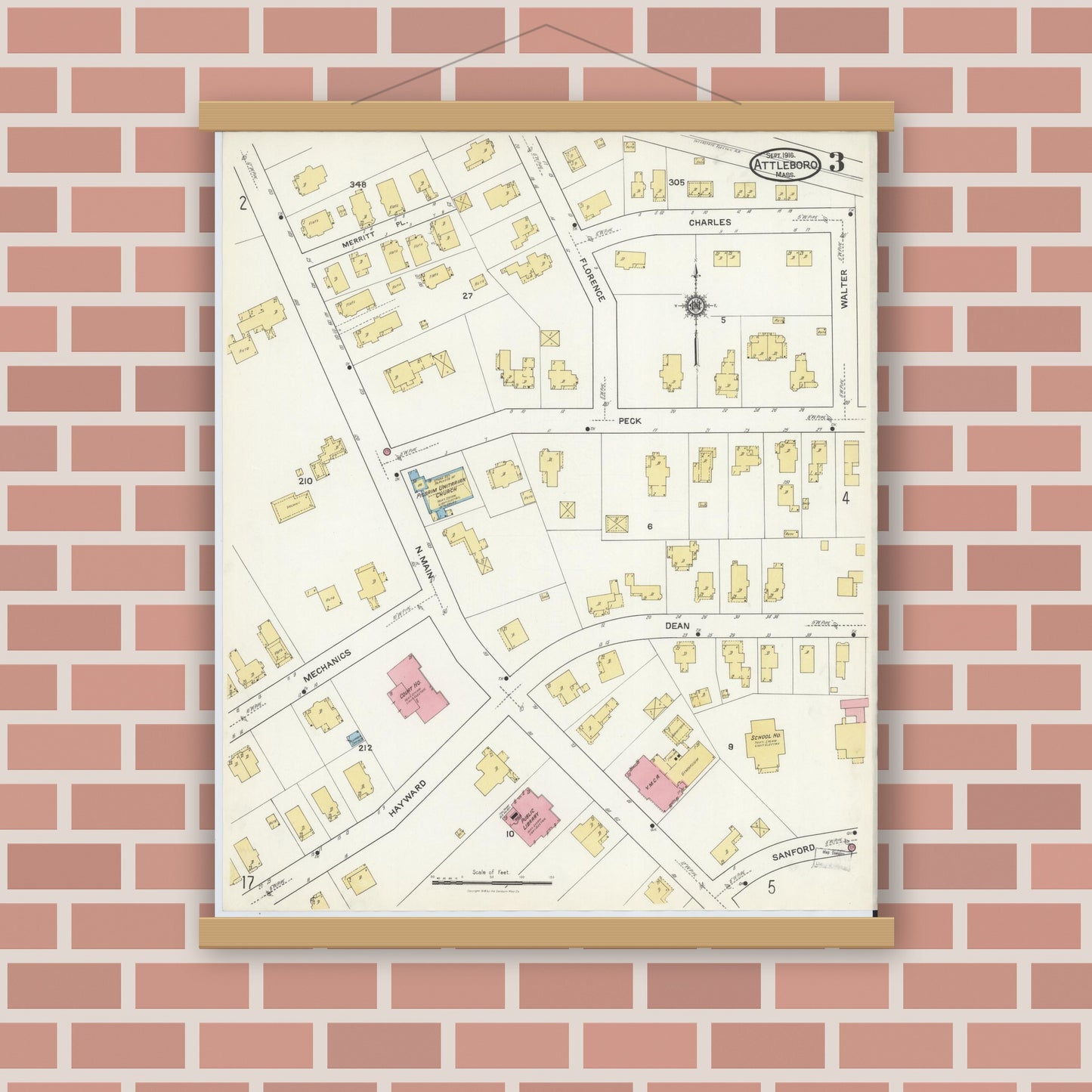 Old map wall art mockup — magnetic wood frame on brick wall — Sanborn Fire Insurance Map from Attleboro, Bristol County, Massachusetts (1916), Sheet #0003