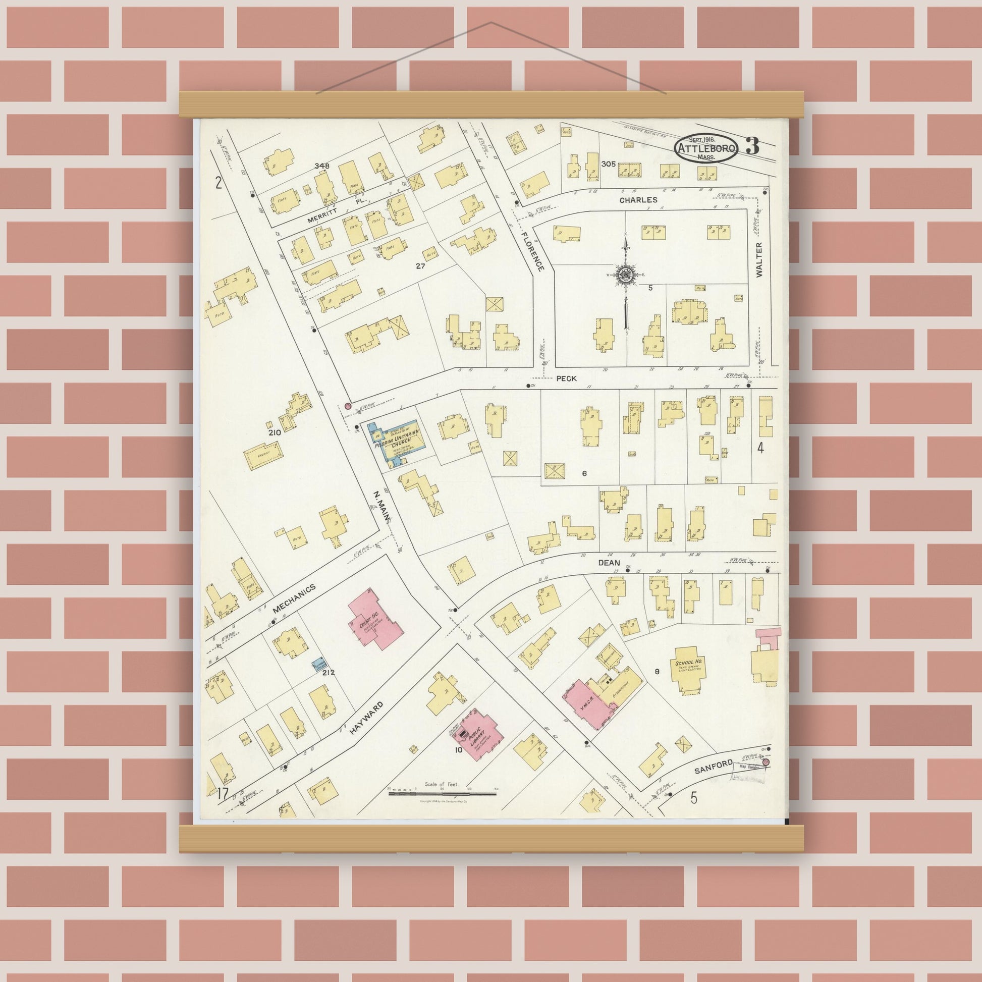 Old map wall art mockup — magnetic wood frame on brick wall — Sanborn Fire Insurance Map from Attleboro, Bristol County, Massachusetts (1916), Sheet #0003