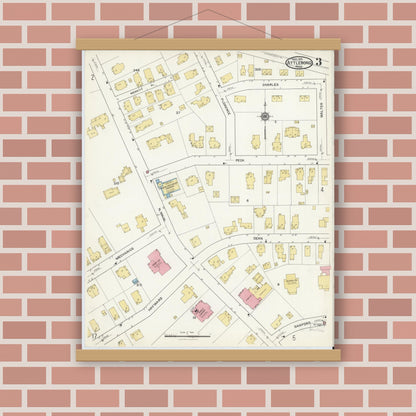 Old map wall art mockup — magnetic wood frame on brick wall — Sanborn Fire Insurance Map from Attleboro, Bristol County, Massachusetts (1916), Sheet #0003