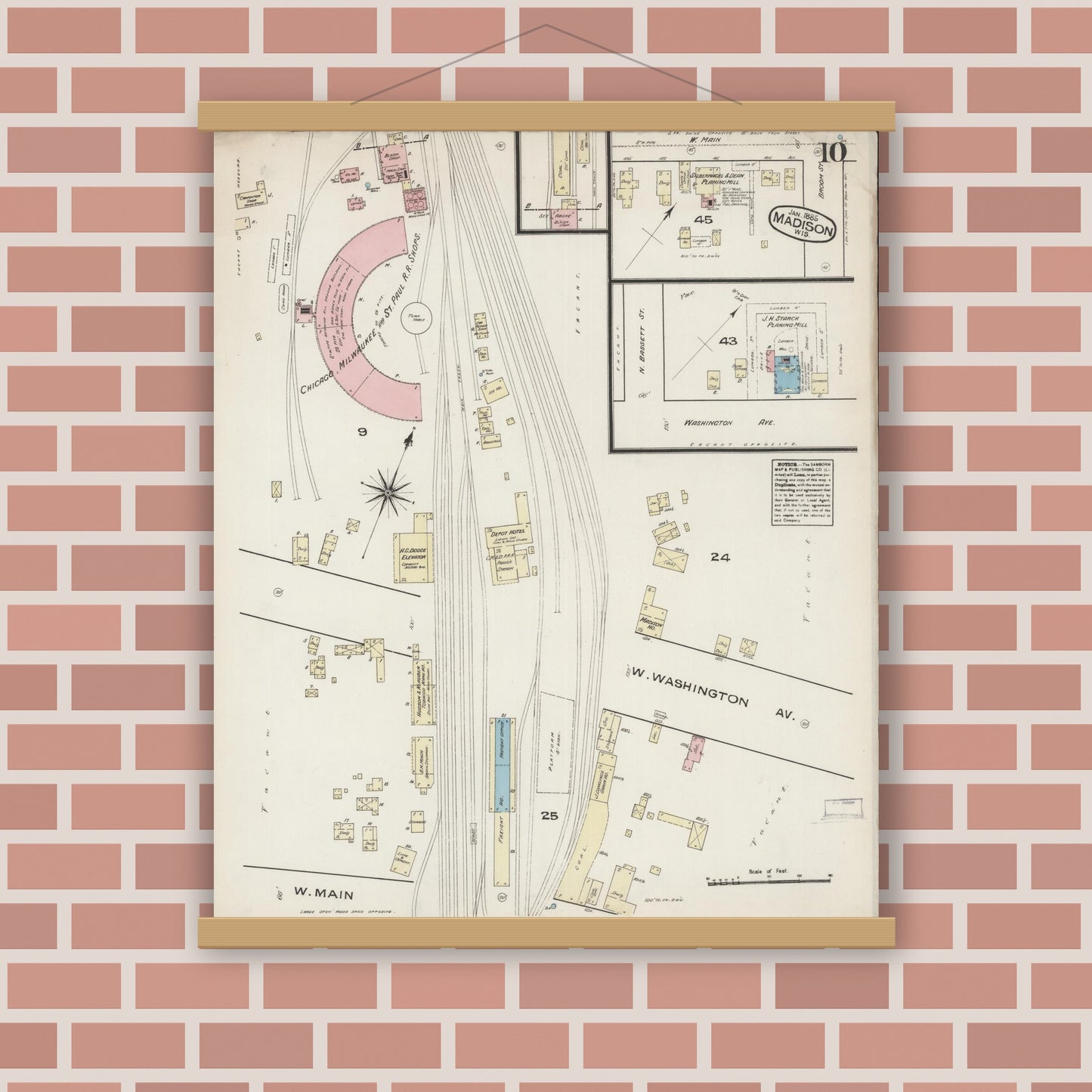 Old map wall art mockup — magnetic wood frame on brick wall — Sanborn Fire Insurance Map from Madison, Dane County, Wisconsin (1885), Sheet #0010