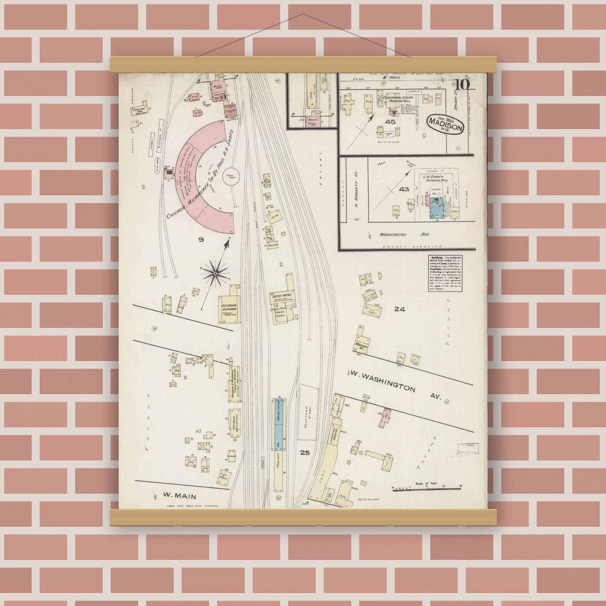 Old map wall art mockup — magnetic wood frame on brick wall — Sanborn Fire Insurance Map from Madison, Dane County, Wisconsin (1885), Sheet #0010