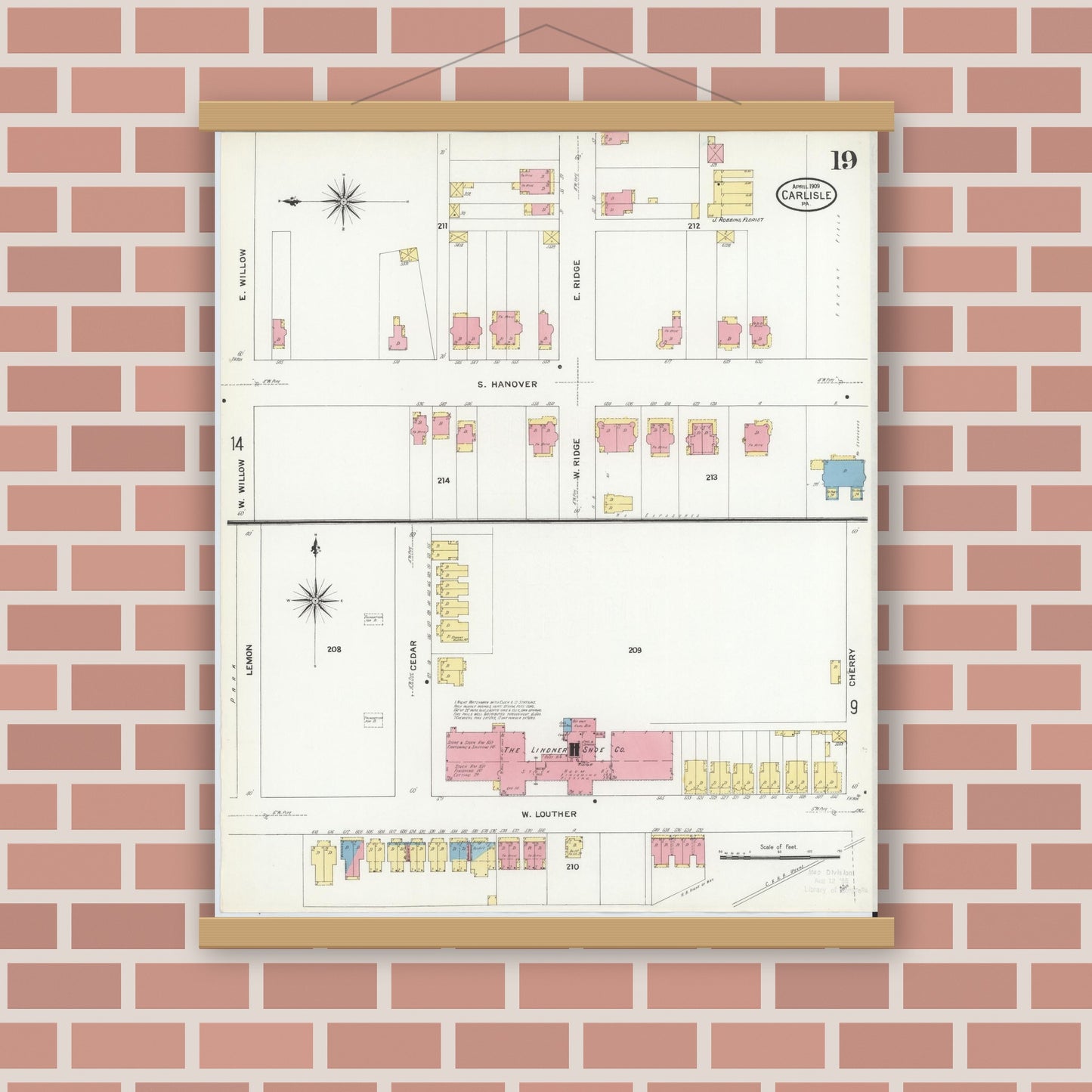 Old map wall art mockup — magnetic wood frame on brick wall — Sanborn Fire Insurance Map from Carlisle, Cumberland County, Pennsylvania (1909), Sheet #0019