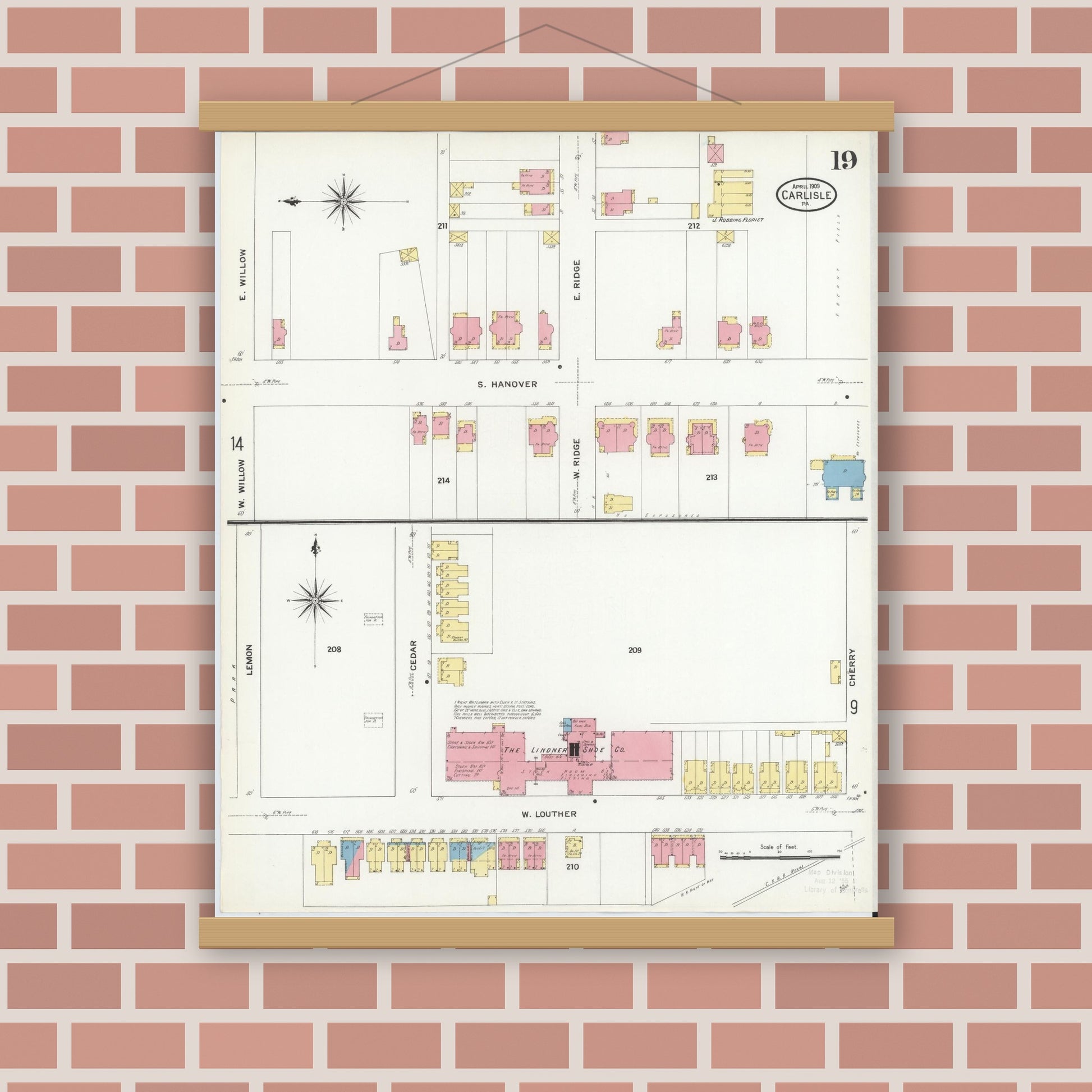 Old map wall art mockup — magnetic wood frame on brick wall — Sanborn Fire Insurance Map from Carlisle, Cumberland County, Pennsylvania (1909), Sheet #0019