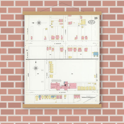 Old map wall art mockup — magnetic wood frame on brick wall — Sanborn Fire Insurance Map from Carlisle, Cumberland County, Pennsylvania (1909), Sheet #0019