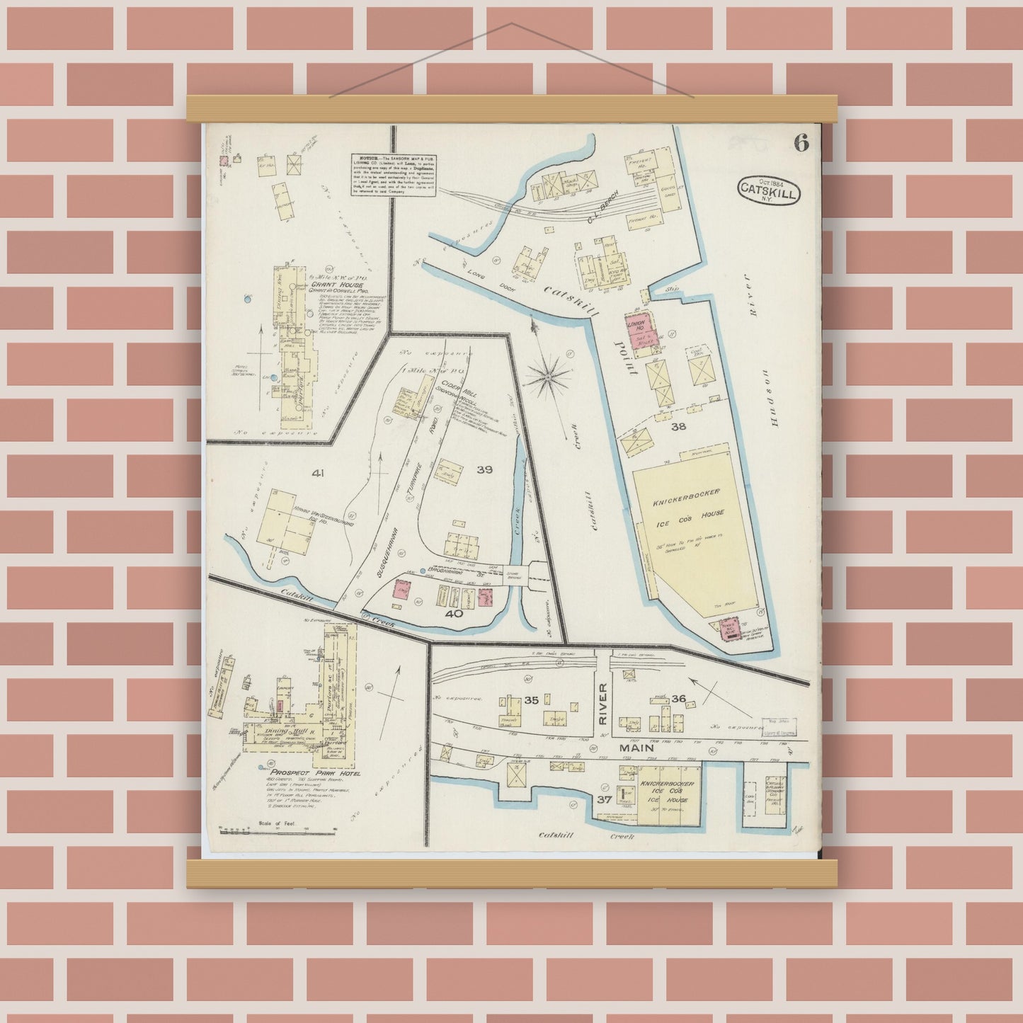 Old map wall art mockup — magnetic wood frame on brick wall — Sanborn Fire Insurance Map from Catskill, Greene County, New York (1884), Sheet #0006