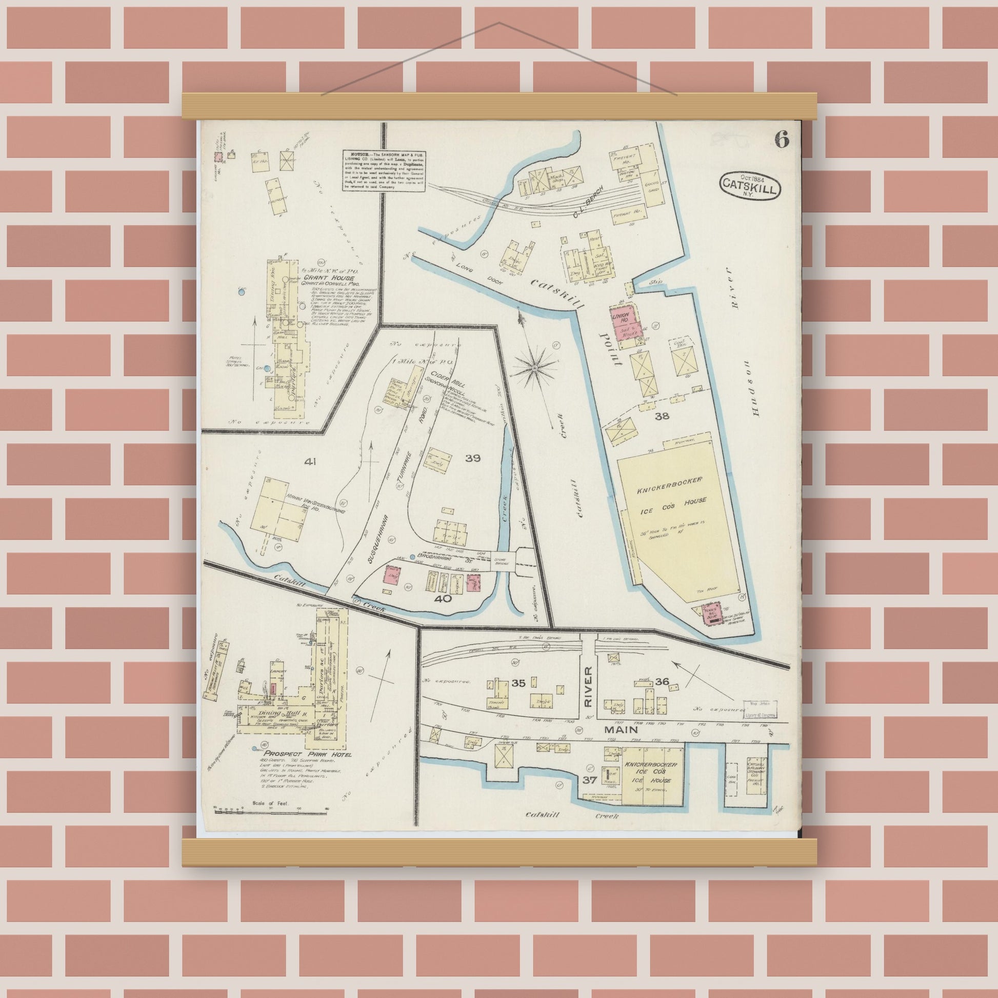 Old map wall art mockup — magnetic wood frame on brick wall — Sanborn Fire Insurance Map from Catskill, Greene County, New York (1884), Sheet #0006