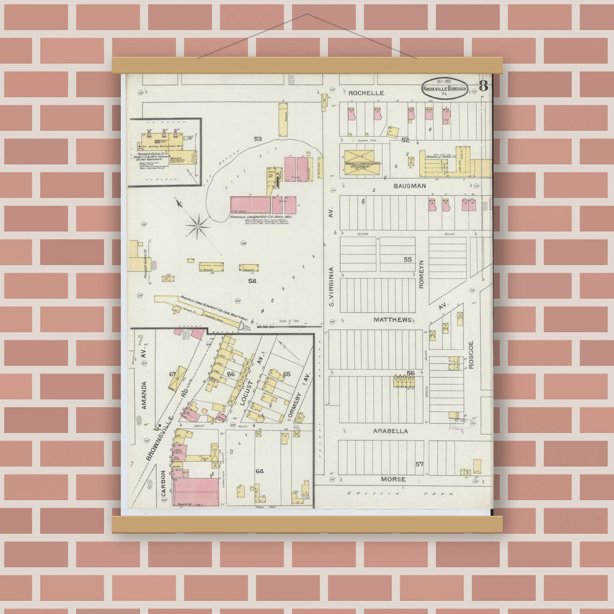 Old map wall art mockup — magnetic wood frame on brick wall — Sanborn Fire Insurance Map from Knoxville Borough, Allegheny County, Pennsylvania (1893), Sheet #0008