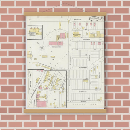 Old map wall art mockup — magnetic wood frame on brick wall — Sanborn Fire Insurance Map from Knoxville Borough, Allegheny County, Pennsylvania (1893), Sheet #0008