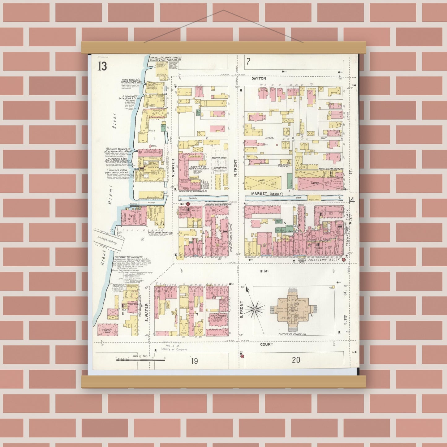 Old map wall art mockup — magnetic wood frame on brick wall — Sanborn Fire Insurance Map from Hamilton, Butler County, Ohio (1899), Sheet #0013