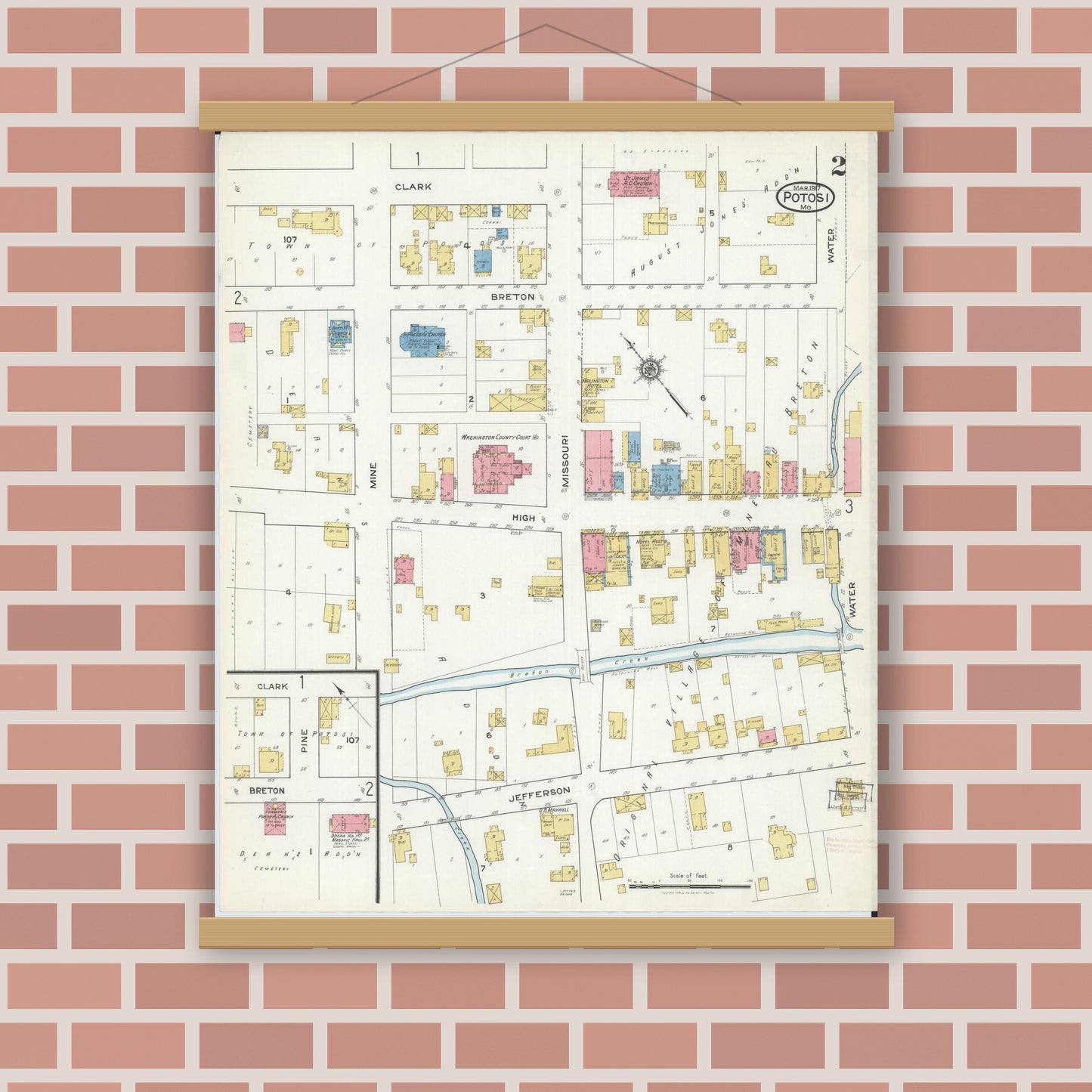 Old map wall art mockup — magnetic wood frame on brick wall — Sanborn Fire Insurance Map from Potosi, Washington County, Missouri (1917), Sheet #0002
