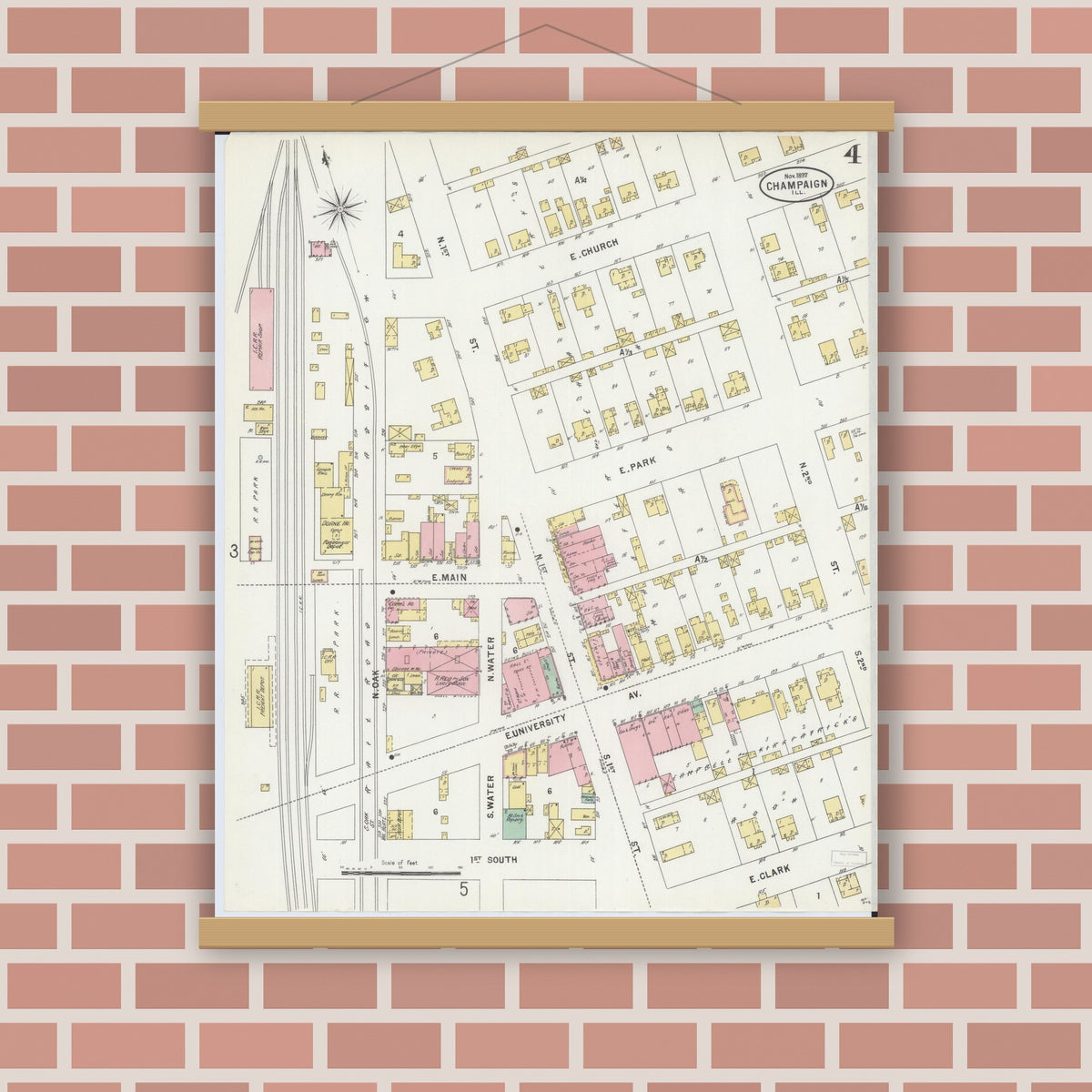 Old map wall art mockup — magnetic wood frame on brick wall — Sanborn Fire Insurance Map from Champaign, Champaign County, Illinois (1897), Sheet #0004