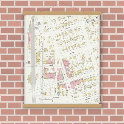 Old map wall art mockup — magnetic wood frame on brick wall — Sanborn Fire Insurance Map from Champaign, Champaign County, Illinois (1897), Sheet #0004