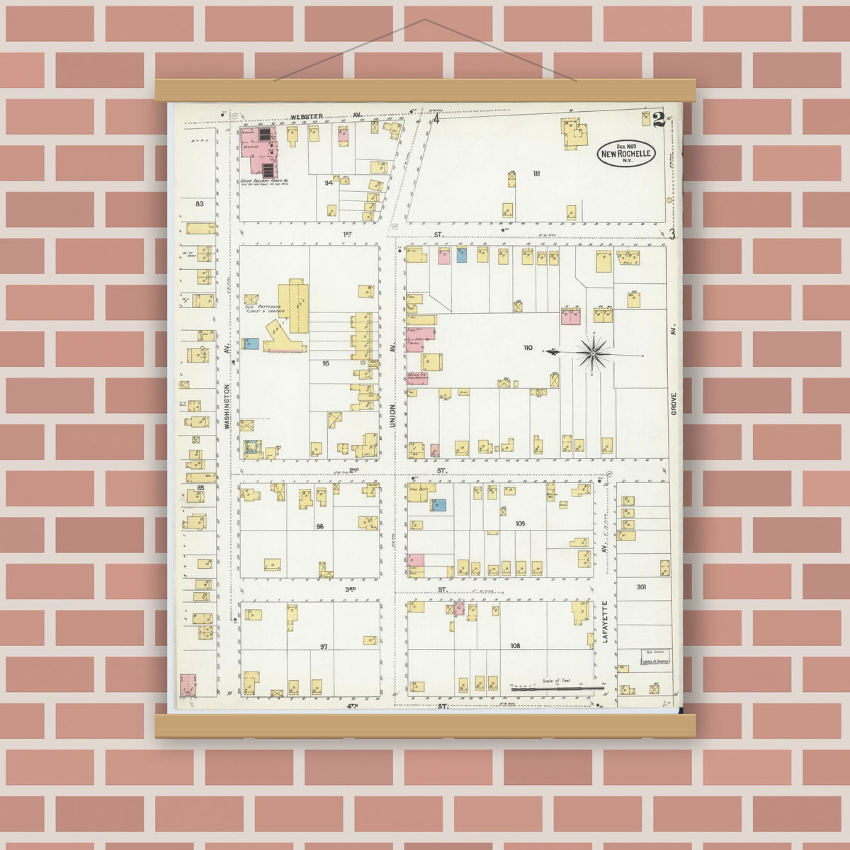 Old map wall art mockup — magnetic wood frame on brick wall — Sanborn Fire Insurance Map from New Rochelle, Westchester County, New York (1903) - Complete Map Set