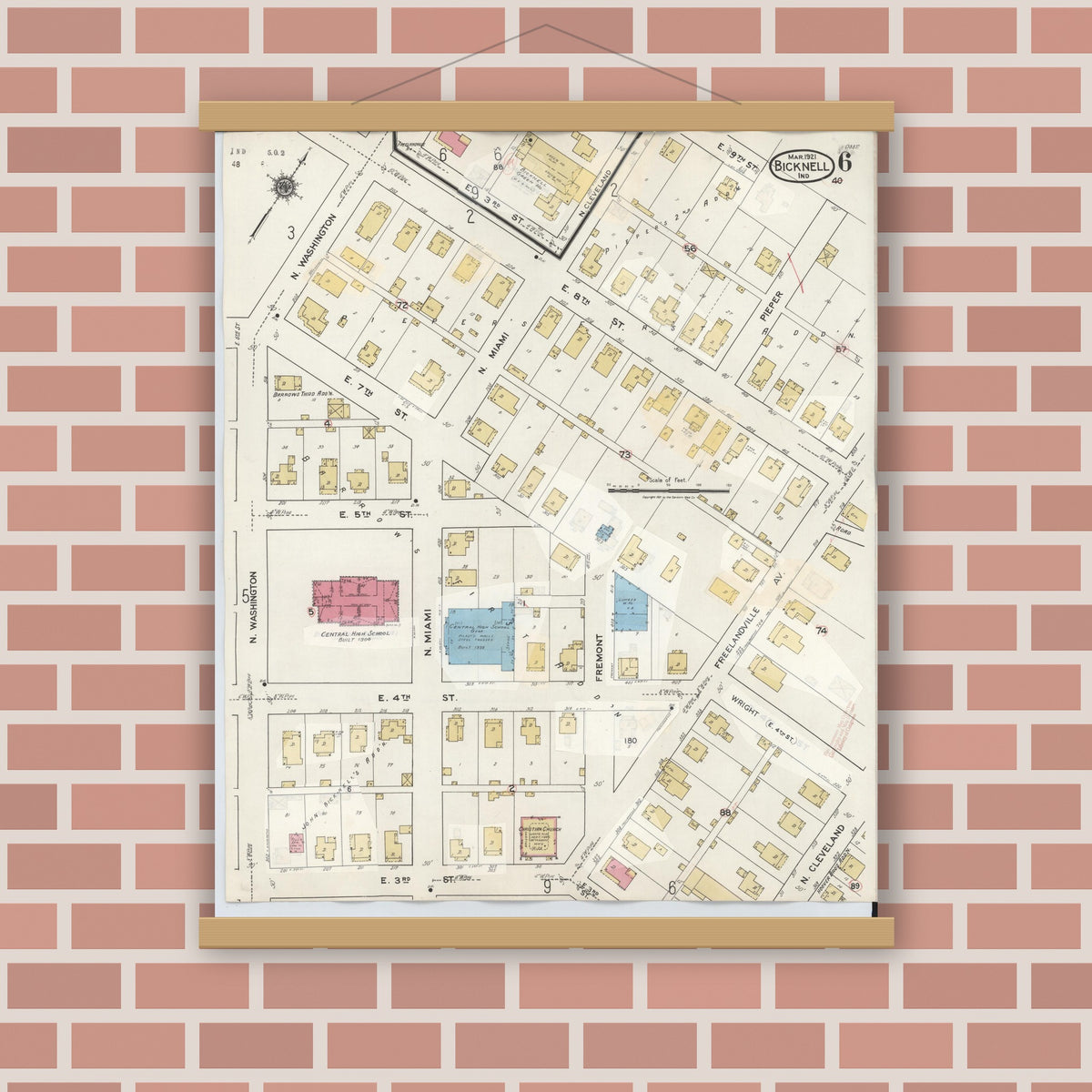 Old map wall art mockup — magnetic wood frame on brick wall — Sanborn Fire Insurance Map from Bicknell, Knox County, Indiana (1946), Sheet #0006