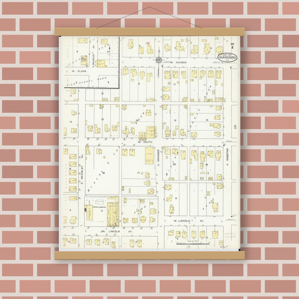 Old map wall art mockup — magnetic wood frame on brick wall — Sanborn Fire Insurance Map from Harrisburg, Saline County, Illinois (1913), Sheet #0007