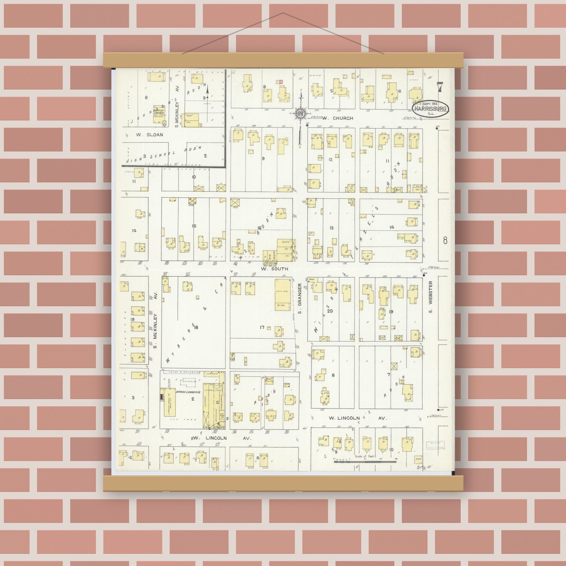 Old map wall art mockup — magnetic wood frame on brick wall — Sanborn Fire Insurance Map from Harrisburg, Saline County, Illinois (1913), Sheet #0007