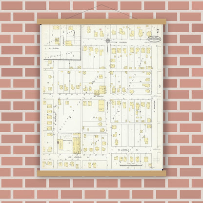 Old map wall art mockup — magnetic wood frame on brick wall — Sanborn Fire Insurance Map from Harrisburg, Saline County, Illinois (1913), Sheet #0007