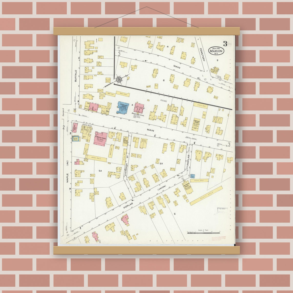 Old map wall art mockup — magnetic wood frame on brick wall — Sanborn Fire Insurance Map from Marion, Wayne County, New York (1915), Sheet #0003
