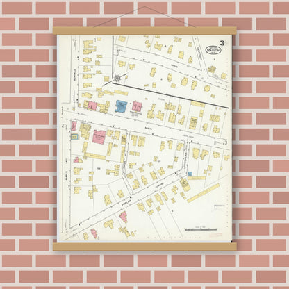Old map wall art mockup — magnetic wood frame on brick wall — Sanborn Fire Insurance Map from Marion, Wayne County, New York (1915), Sheet #0003