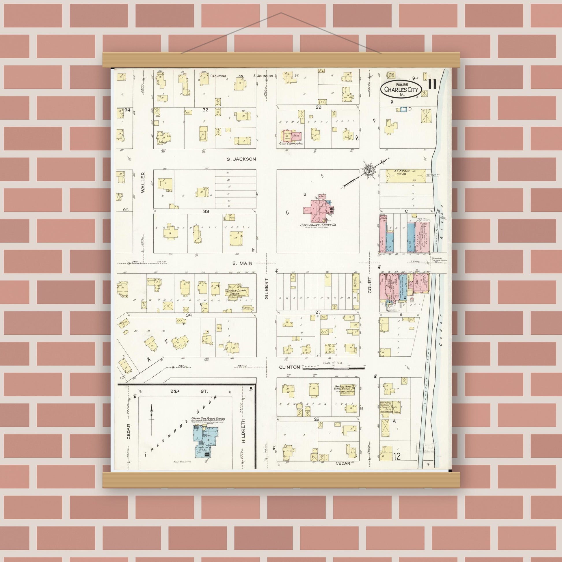 Old map wall art mockup — magnetic wood frame on brick wall — Sanborn Fire Insurance Map from Charles City, Floyd County, Iowa (1915), Sheet #0011