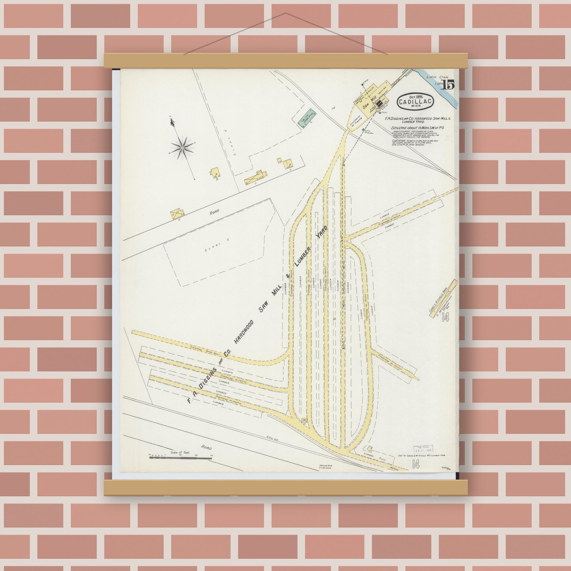 Old map wall art mockup — magnetic wood frame on brick wall — Sanborn Fire Insurance Map from Cadillac, Wexford County, Michigan (1895), Sheet #0015