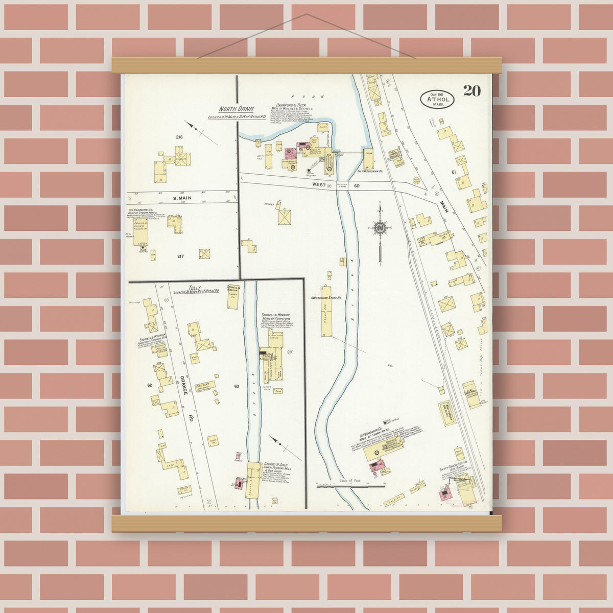 Old map wall art mockup — magnetic wood frame on brick wall — Sanborn Fire Insurance Map from Athol, Worcester County, Massachusetts (1911), Sheet #0020