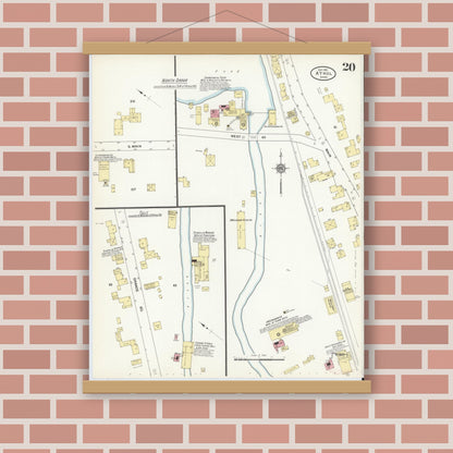 Old map wall art mockup — magnetic wood frame on brick wall — Sanborn Fire Insurance Map from Athol, Worcester County, Massachusetts (1911), Sheet #0020