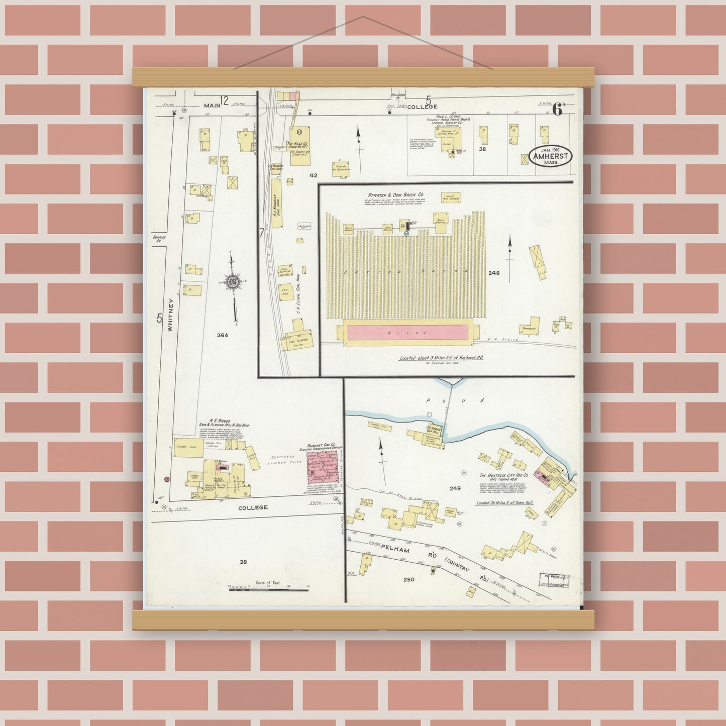 Old map wall art mockup — magnetic wood frame on brick wall — Sanborn Fire Insurance Map from Amherst, Hampshire County, Massachusetts (1916), Sheet #0006