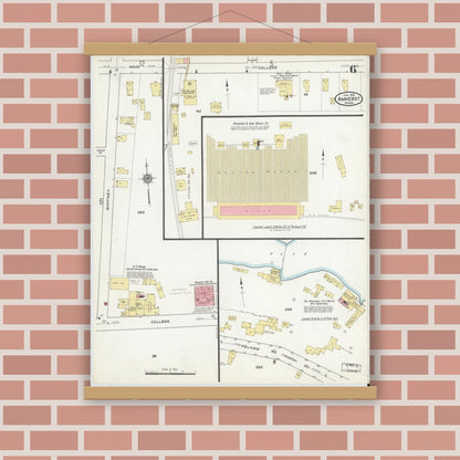Old map wall art mockup — magnetic wood frame on brick wall — Sanborn Fire Insurance Map from Amherst, Hampshire County, Massachusetts (1916), Sheet #0006