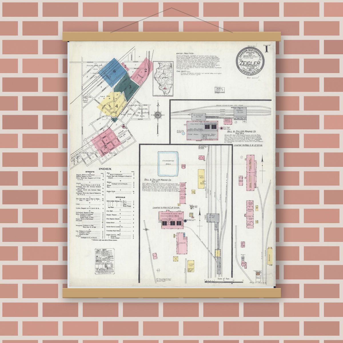 Old map wall art mockup — magnetic wood frame on brick wall — Sanborn Fire Insurance Map from Zeigler, Franklin County, Illinois (1921), Sheet #0001