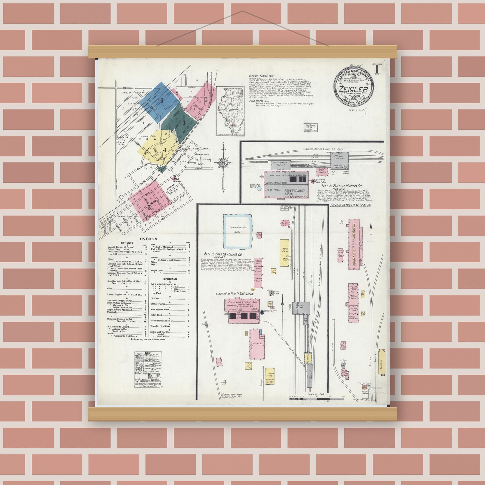 Old map wall art mockup — magnetic wood frame on brick wall — Sanborn Fire Insurance Map from Zeigler, Franklin County, Illinois (1921), Sheet #0001