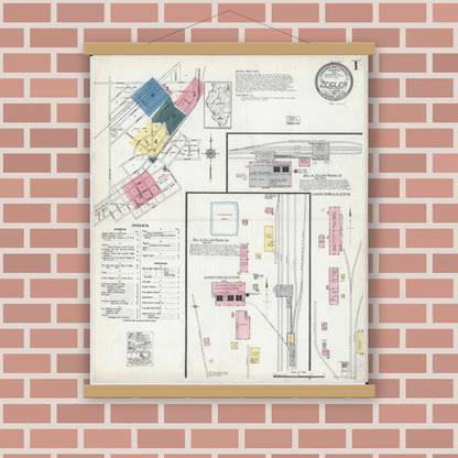 Old map wall art mockup — magnetic wood frame on brick wall — Sanborn Fire Insurance Map from Zeigler, Franklin County, Illinois (1921), Sheet #0001