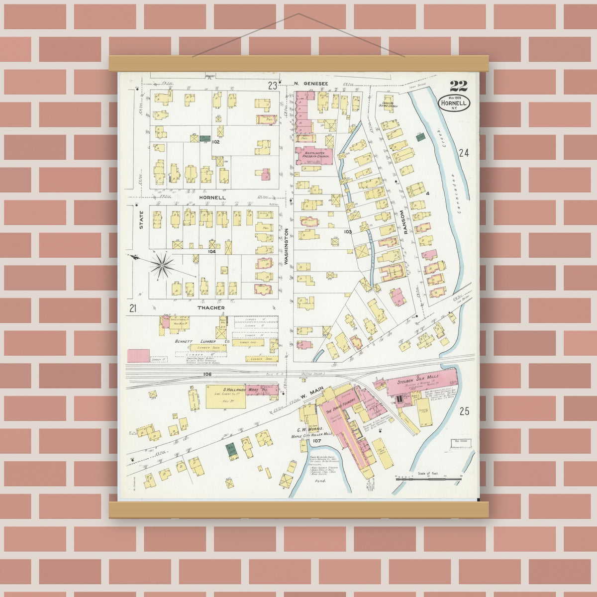 Old map wall art mockup — magnetic wood frame on brick wall — Sanborn Fire Insurance Map from Hornell, Steuben County, New York (1909), Sheet #0022