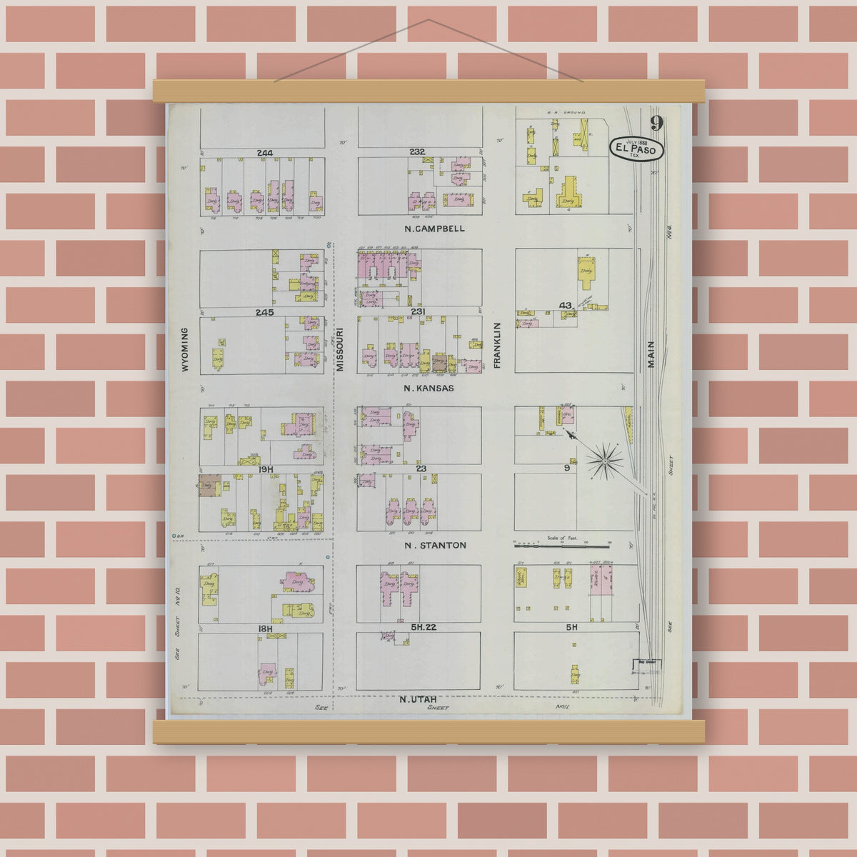 Old map wall art mockup — magnetic wood frame on brick wall — Sanborn Fire Insurance Map from El Paso, El Paso County, Texas (1888), Sheet #0009