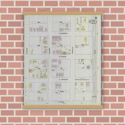 Old map wall art mockup — magnetic wood frame on brick wall — Sanborn Fire Insurance Map from El Paso, El Paso County, Texas (1888), Sheet #0009