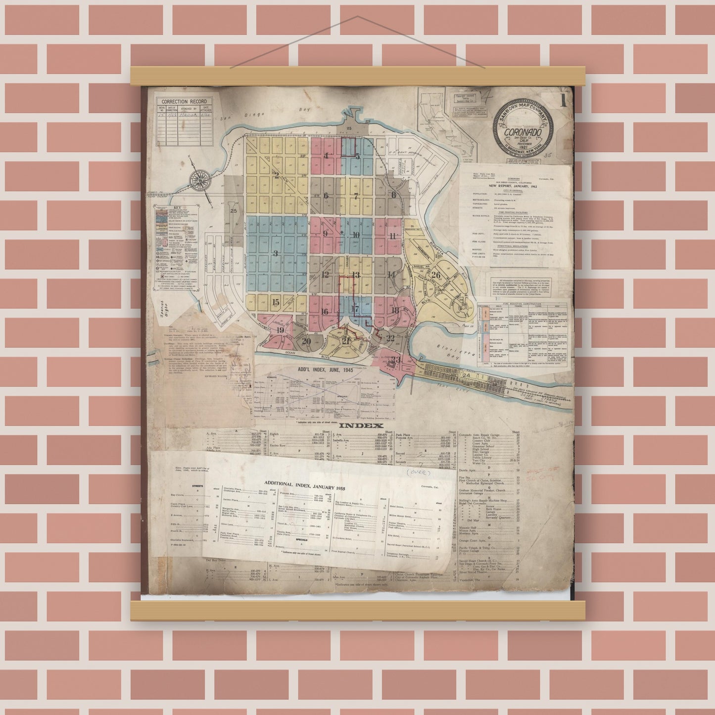 Old map wall art mockup — magnetic wood frame on brick wall — Sanborn Fire Insurance Map from Coronado, San Diego County, California (1962), Sheet #0001