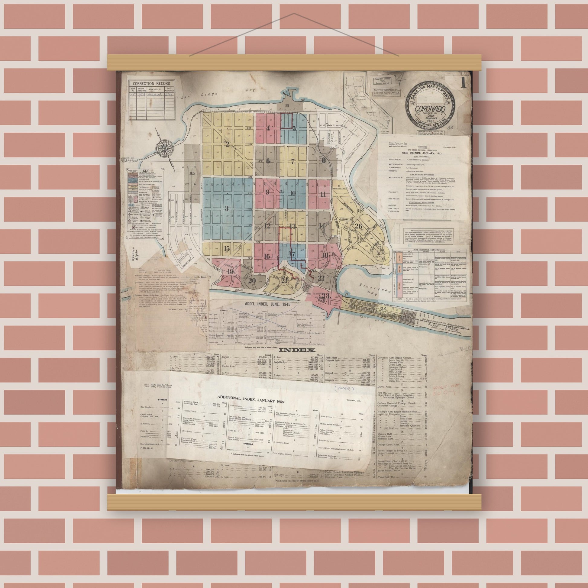 Old map wall art mockup — magnetic wood frame on brick wall — Sanborn Fire Insurance Map from Coronado, San Diego County, California (1962), Sheet #0001