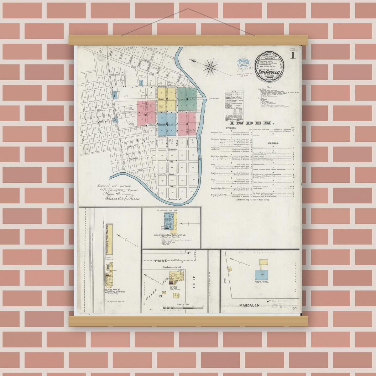 Old map wall art mockup — magnetic wood frame on brick wall — Sanborn Fire Insurance Map from San Angelo, Tom Green County, Texas (1894), Sheet #0001