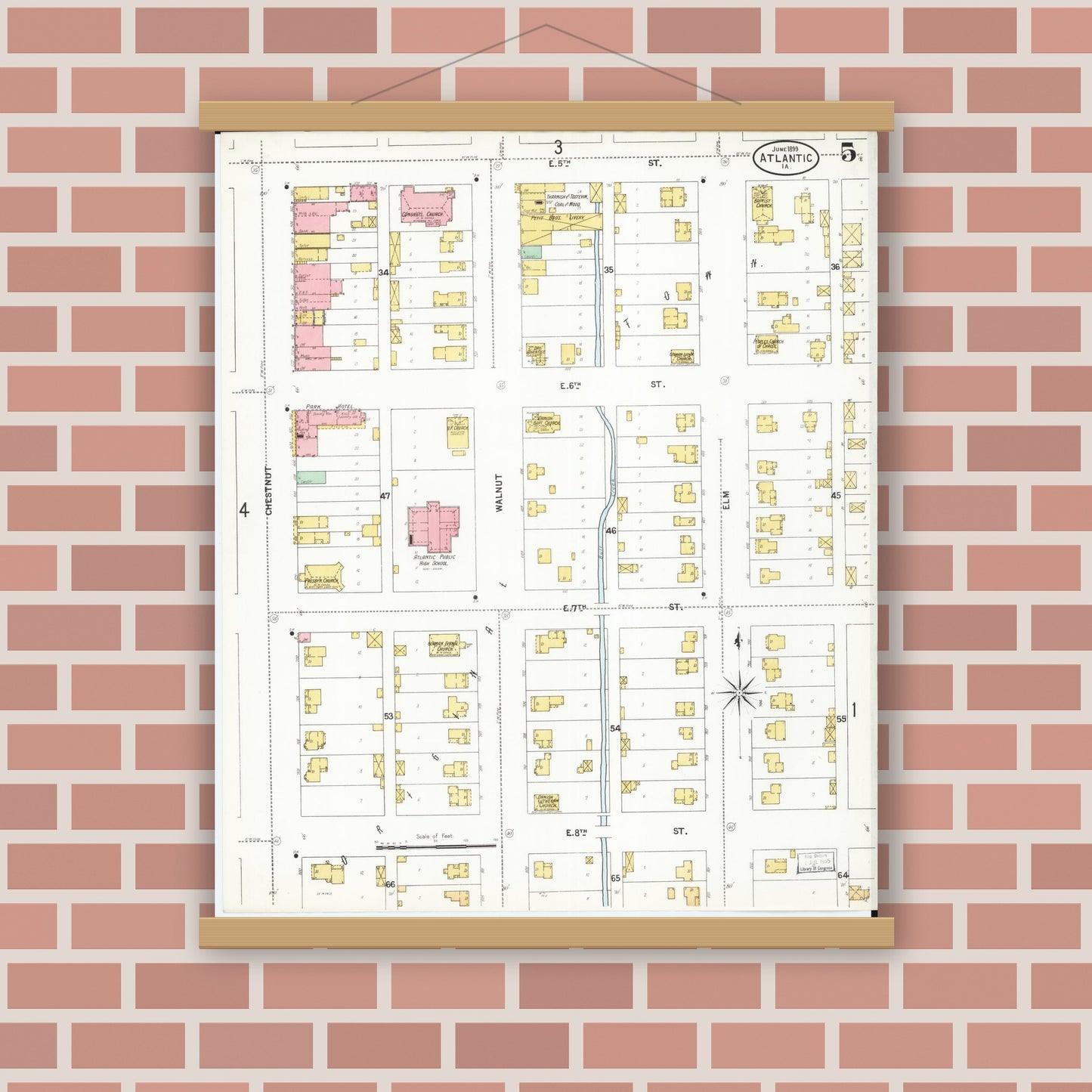 Old map wall art mockup — magnetic wood frame on brick wall — Sanborn Fire Insurance Map from Atlantic, Cass County, Iowa (1899), Sheet #0005