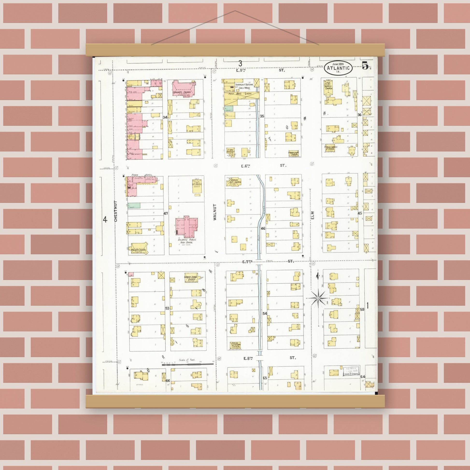 Old map wall art mockup — magnetic wood frame on brick wall — Sanborn Fire Insurance Map from Atlantic, Cass County, Iowa (1899), Sheet #0005