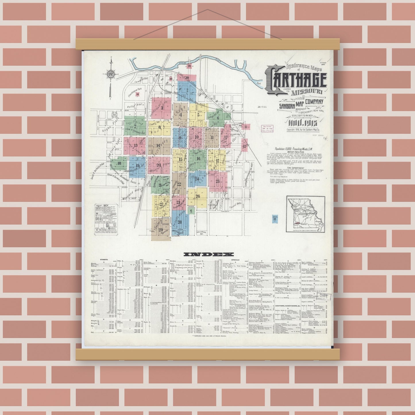 Old map wall art mockup — magnetic wood frame on brick wall — Sanborn Fire Insurance Map from Carthage, Jasper County, Missouri (1915) - Complete Map Set