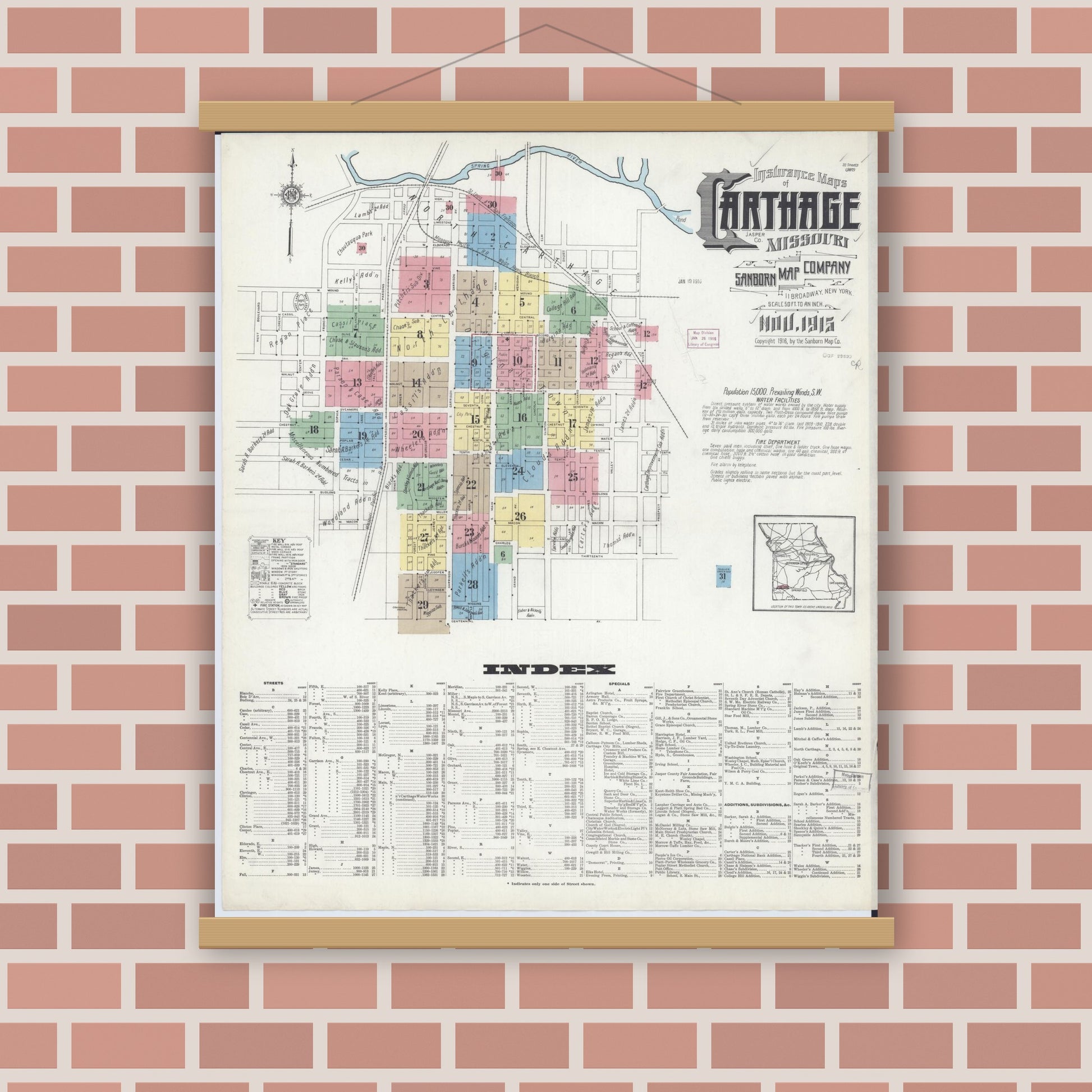 Old map wall art mockup — magnetic wood frame on brick wall — Sanborn Fire Insurance Map from Carthage, Jasper County, Missouri (1915) - Complete Map Set