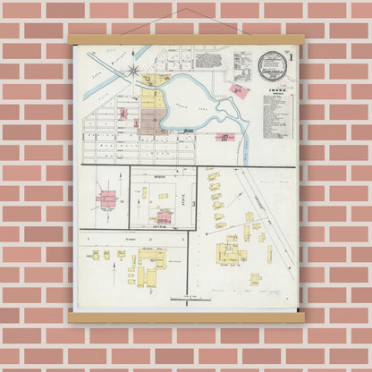 Old map wall art mockup — magnetic wood frame on brick wall — Sanborn Fire Insurance Map from Charlevoix, Charlevoix County, Michigan (1896), Sheet #0001