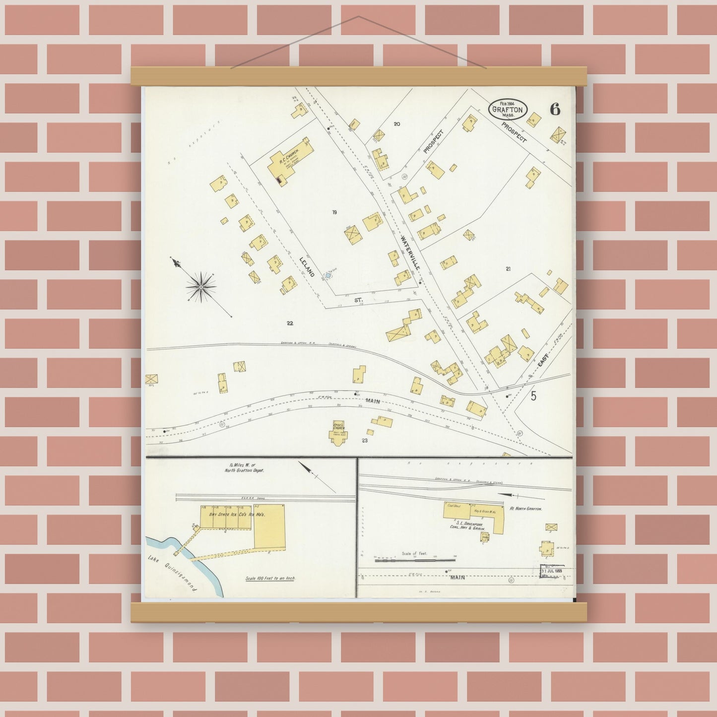 Old map wall art mockup — magnetic wood frame on brick wall — Sanborn Fire Insurance Map from Grafton, Worcester County, Massachusetts (1904), Sheet #0006