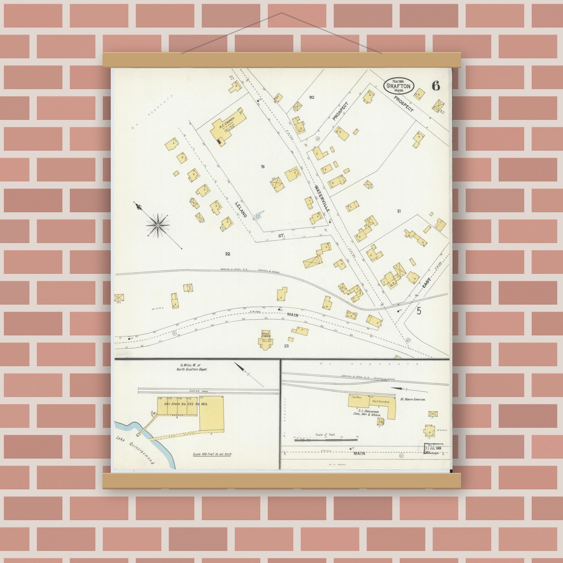 Old map wall art mockup — magnetic wood frame on brick wall — Sanborn Fire Insurance Map from Grafton, Worcester County, Massachusetts (1904), Sheet #0006